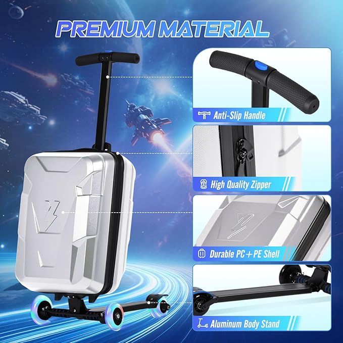 smilesun Scooter Suitcase for Kids & Adults, Foldable Carry On Travel Luggage, Hardside Ride on Scooter Suitcase with Spinner Wheels，Silver