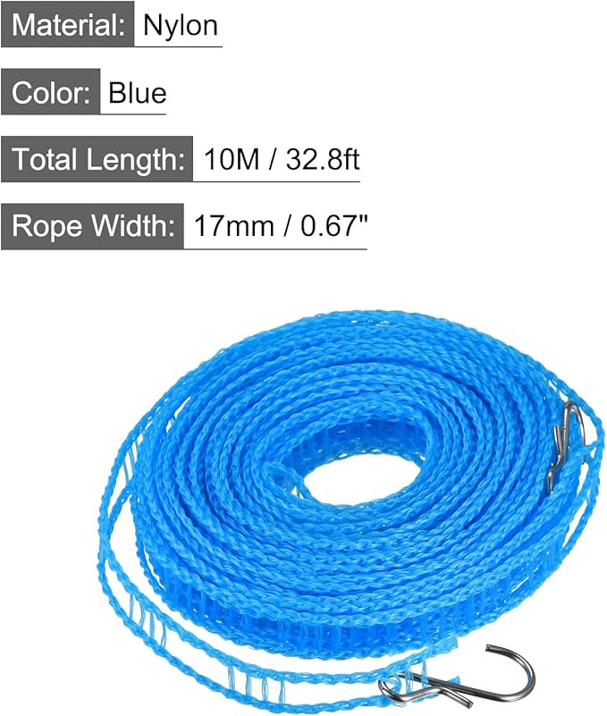 uxcell Portable Clothesline, 32.8ft Nylon Windproof Non-Slip Washing Line Rope for Courtyard Outdoor Travel Camping Laundry Drying, Blue