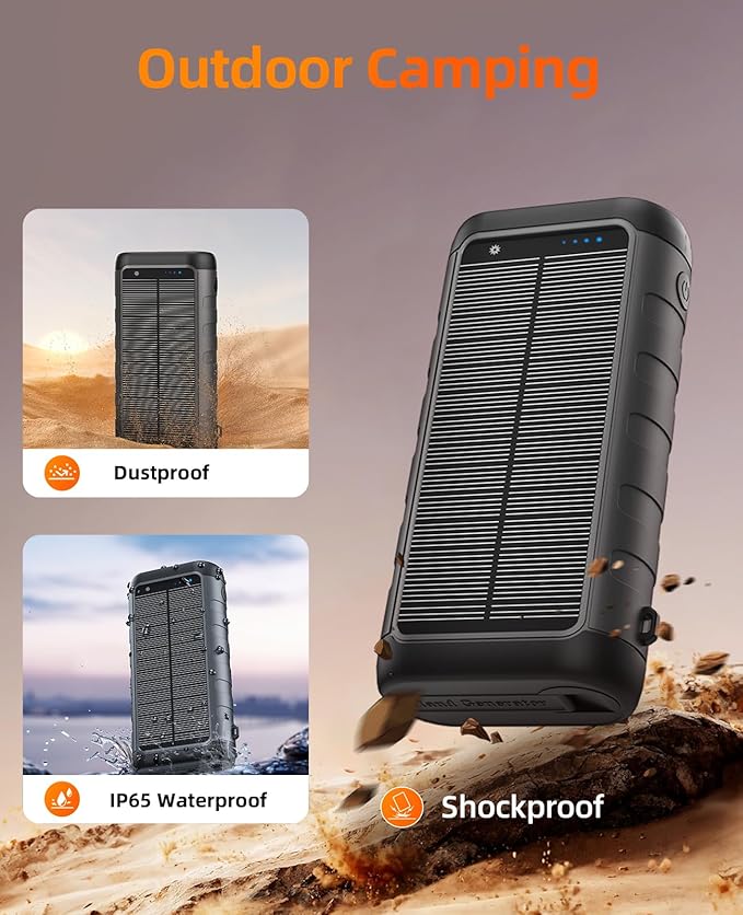 YELOMIN Solar Charger Power Bank 59800mAh, Outdoor Waterproof Battery Pack, 3 Built in Cables & Hand Crank, 6 Outputs, 15W Wireless Charging, Emergency LED Flashlight for Camping Hiking Travel