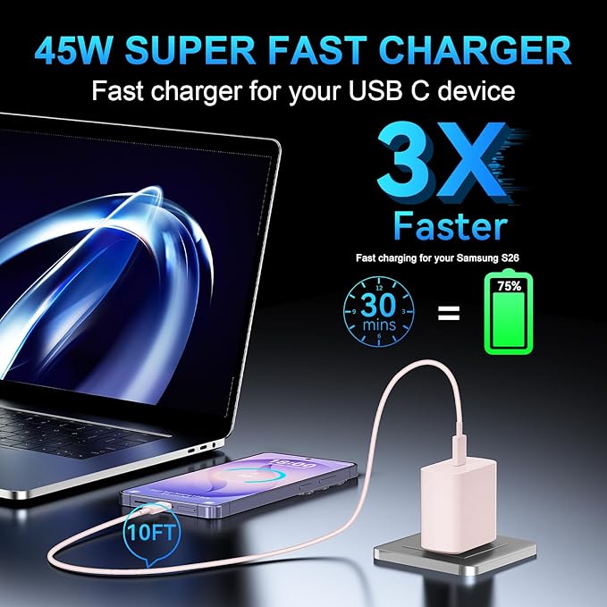 45W USB C Super Fast Charger Type C Charger Fast Charging Android Phone Charger Block with 10FT Type C Charging Cable for Samsung Galaxy S26 Ultra/S26/S26+/S25/S25 Ultra/S25+/S24 Ultra/S23 Ultra/S22