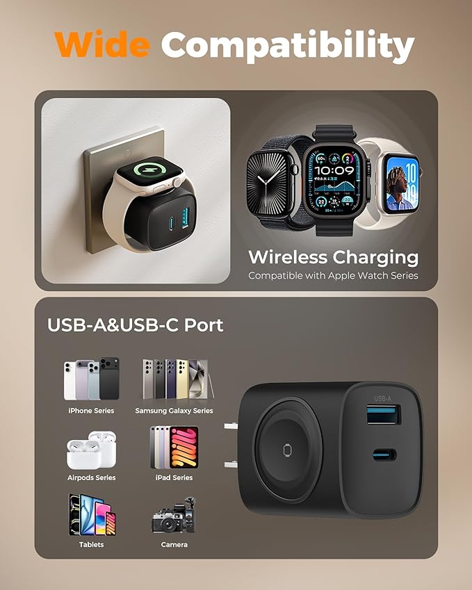Charging Blocks for Smart Watch, 3-in-1 PD 20W USB C Charger Block with Built-in Wireless Watch Charging, Dual Ports Wall Charger Compatible with iPhone,AirPods,iWatch,Black