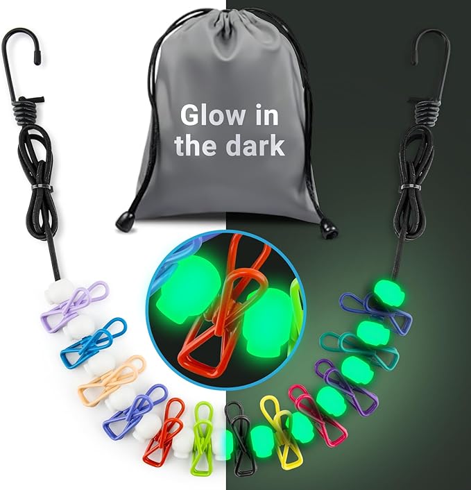 Retractable Travel Clothesline - Glow in the Dark Portable Clothes Line - 12ft/4m Camping Clotheslines for Outside, Hotel Room or Cruise - Laundry Line, Clothes Drying Line, Clothing Line Outdoor