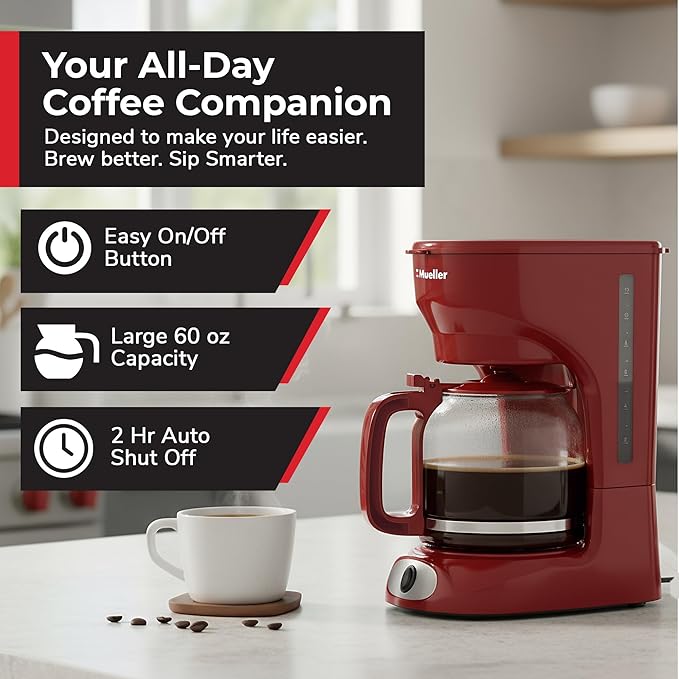 MUELLER HOME 12-Cup Red Coffee Maker - Perfect for Home or Office, Borosilicate Carafe, Auto-Off, Reusable Filter, Anti-Drip, Keep-Warm Function, Clear Water Level Window, Red Kitchen Accessories