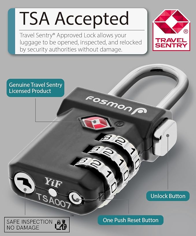 Fosmon TSA Approved Luggage Locks, Suitcase Travel Lock with Push Release Button for Extra Security, 3 Digit Combination Padlock for Gun Case Backpack Zipper Anti Theft Gym Locker - Black, 2 Pack