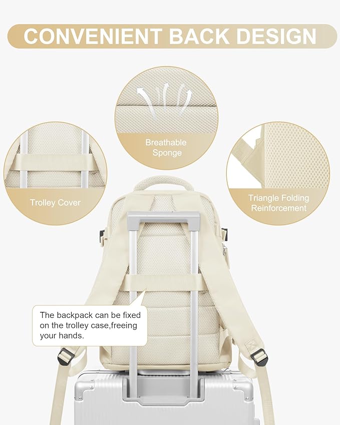 WONHOX Large Travel Backpack Women,Carry On Backpack Flight Approved 18x14x8 inches Bag Spirit Airlines Personal ltem,College Sports Hiking Rucksack Laptop Blackpack mochila de viaje,Beige