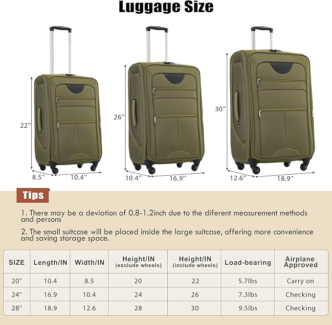 Lightweight Expandable Softside Luggage Sets 3 Piece, Large Capacity Travel Suitcase with Spinner Wheel, TSA Lock, Easy Access Design and Adjustable Telescoping Handle (Army Green)