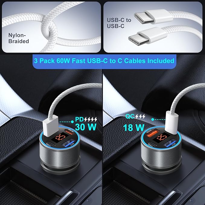 4-Port 65W Fast Car Charger USB C for iPhone 17/16/15/14/13 Pro Max, 3 Pack Dual 12V USB-A&C Car Phone Charger Cigarette Lighter Adapter for Galaxy A16/S25/S24/S23 Ultra+6FT USB-C Cable