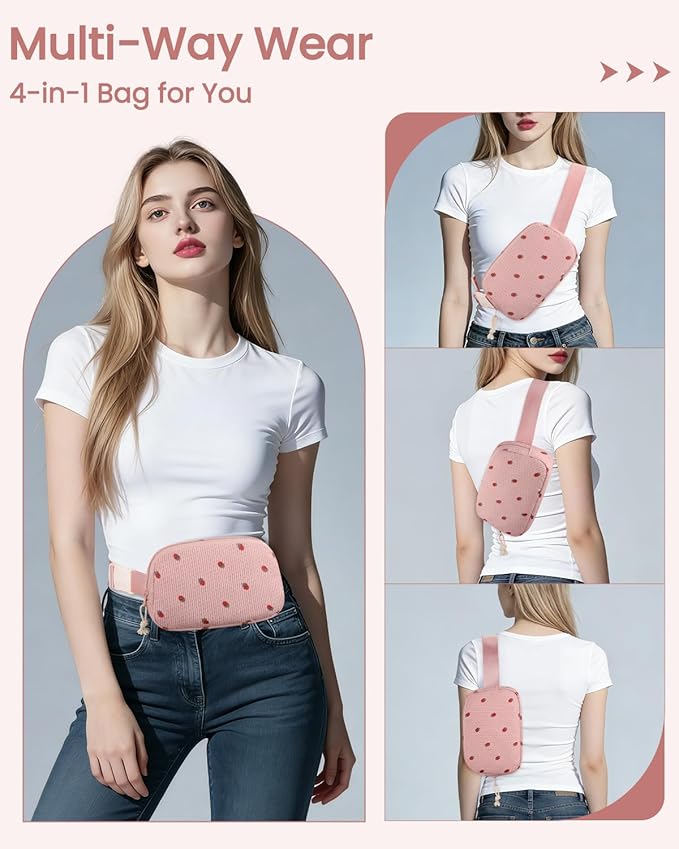 Vankor Corduroy Cute Fanny Packs for Women Cross Body, Everywhere Belt Bag for Women Crossbody Stylish Waist Pack Purse for Travel, Hiking, Workout, Running, Pink Corduroy Strawberry