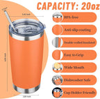 20 oz Tumbler with Lids and Straws, Stainless Steel Insulated Travel Coffee Mug, Double Wall Vacuum Insulated Tumblers, Powder Coated Coffee Tumbler for Cold & Hot Drinks (Orange)