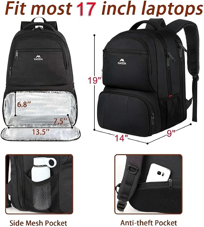 MATEIN Lunch Backpack for Men, 17 Inch Insulated Cooler Backpack with Lunch Compartment, Water Resistant Laptop Back Pack Computer Meal Prep Backpacks Mens Gifts Work Picnic College Travel