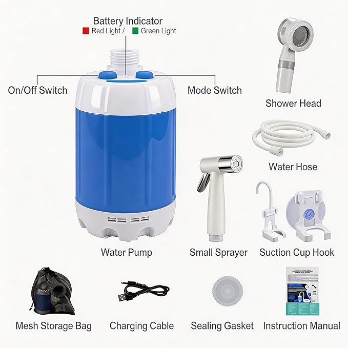 Portable Camping Shower Pump - Rechargeable Outdoor Shower Head Sprayer, Pumps Water from Bucket. Experience Refreshment Anywhere, Perfect for Camping, Hiking, Travel, Car Washing & Pet Cleaning