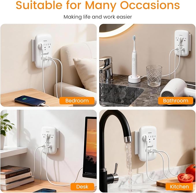 Oviitech Multi Outlet Wall Mount Adapter Surge Protector with 4 (4.2 AMP) USB Charging Ports,3 Outlet Extender Socket Plugs,White,ETL Certified.