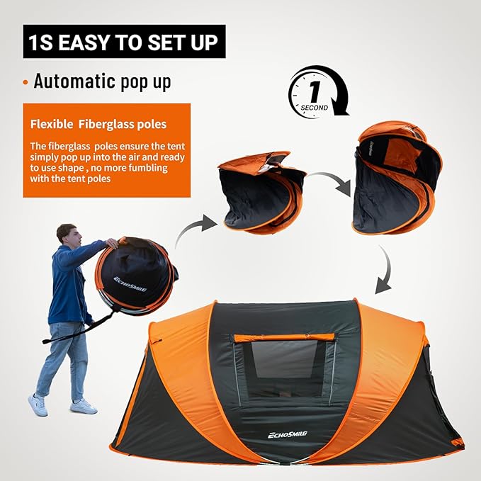 EchoSmile Pop Up Camping Tent, 2/4/6 Person Easy Setup Tent, Water Resistant Dome, Portable with Carry Bag