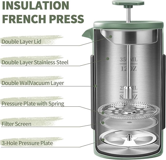 French Press – 350ml Stainless Steel Coffee Press, 2 Cup Cafetiere for Ground Coffee, Portable French Press