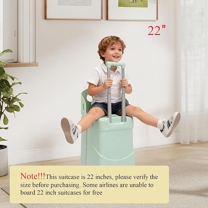 CNCEST 22" Kid's Ride-on Luggage with Foldable Seat,Travel Carry On Trolley Case for Kids,Children's Ride On Top Opening Suitcase with Password Lock (StyleA, Green)