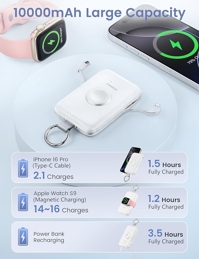 RORRY CharmGo Portable Charger, 10000mAh 20W Fast Charging Portable Charger Power Bank with Built in Cables, Travel Battery Pack for iPhone 17/16/15/14/13/12 and Apple Watch, Milk