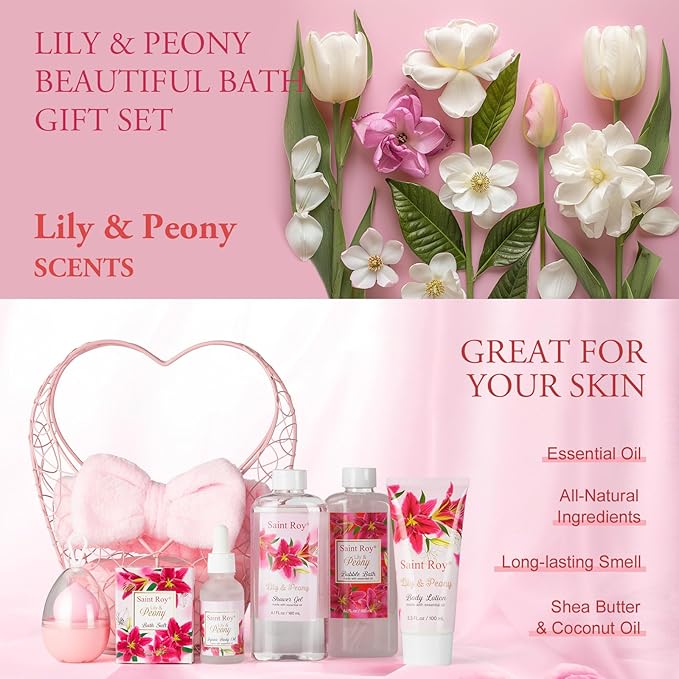 Mothers Day Gifts for Mom Gifts Basket Christmas Gifts for Women Spa Set Lily & Peony Home Spa Set, Beauty Personal Care Set Jojoba Oil, Spa Self Care Kit, Bath Body For Thank You, Birthday