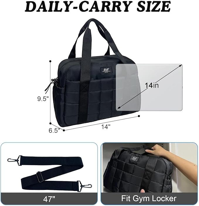 WOLT Small Gym Bag for Women, 14 inch Lightweight Gym Duffle Bag with Wet Compartment Quilted Tote for Sports Workout, Black