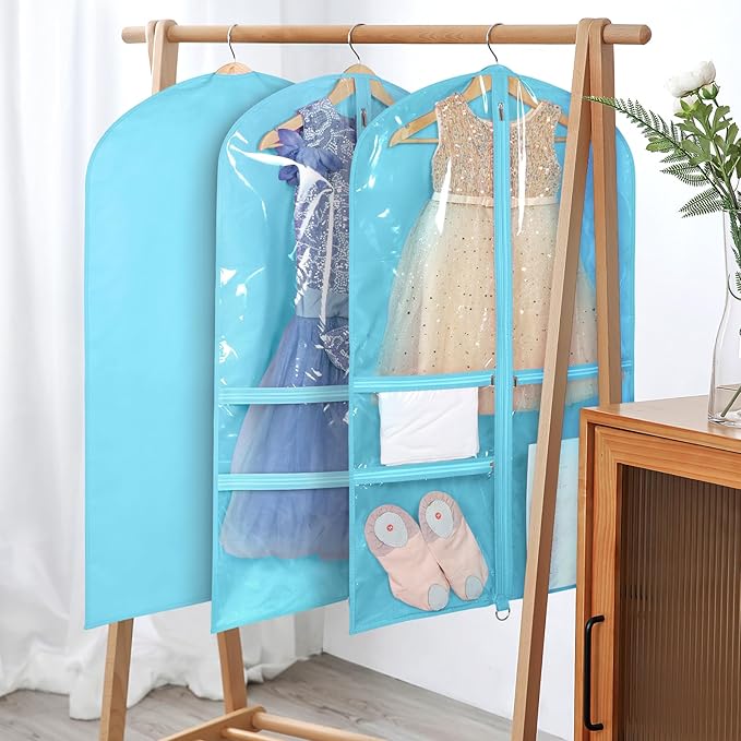 Univivi 40 Inch Girls Garment Bags for Dance Costumes, Dance Competition Garment Bag with 3 Medium Clear Zipper Pockets for Dance Essentials and Accessories, Dance Shoes (Blue), 1 Pack, UN0750