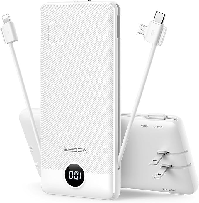 VEGER Portable Charger with Built-in AC Plug and Cables, All in One 10000mAh Ultra Slim Power Bank Travel Essentials, Fast Charging Battery Pack Compatible with iPhone, Samsung, Android (White)