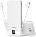 VEGER Portable Charger with Built-in AC Plug and Cables, All in One 10000mAh Ultra Slim Power Bank Travel Essentials, Fast Charging Battery Pack Compatible with iPhone, Samsung, Android (White)