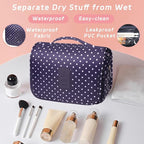Toiletry Bag Travel Bag with Hanging Hook, Waterproof Capacity Hanging Multifunctional Makeup Bag for Toiletries, Portable Cosmetic Bag Travel Organizer for Women and Men(Navy Dot)