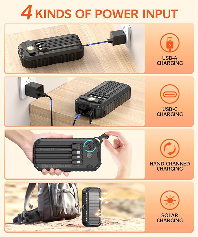 Solar Charger Power Bank 40000mAh Built in 4 Cables and Hand Crank, Portable Charger 22.5W Fast Charger 6 Outputs & 4 Inputs External Battery Pack with Bright Flashlight and Compass