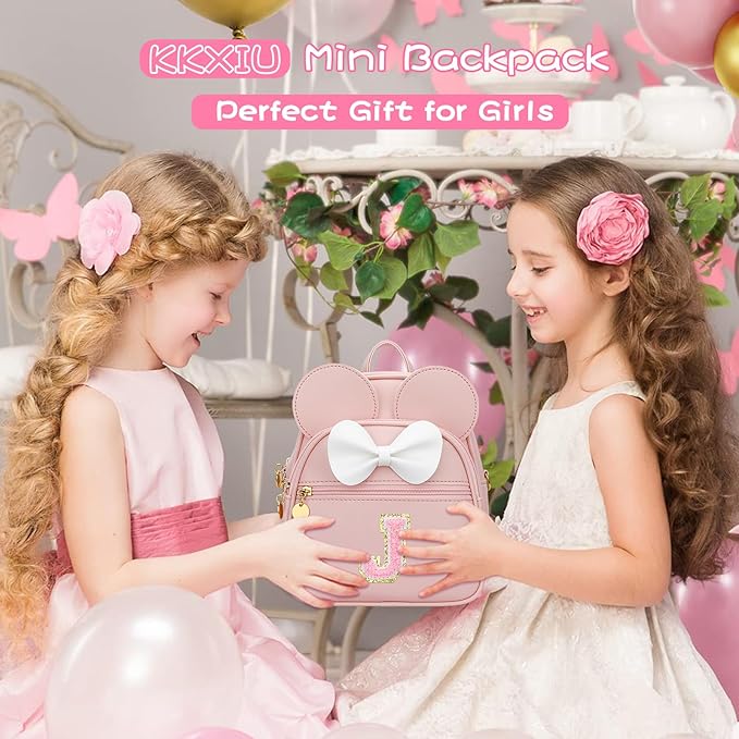 KKXIU Girls Initial Bowknot Cute Mini Backpack for Toddler, Travel Small Girl Backpacks, Personalized Birthday Gifts for Little Girls and Kids(J, Pink)