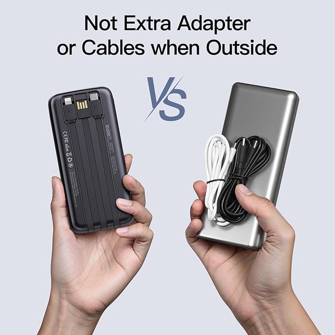 2026 2-Pack 10000mAh Portable Charger with Built in Cables, Travel Essential Battery Pack, 4 Outputs 2 Inputs Slim Power Bank with Cord Wires for iPhone 17/16/15/14, Samsung Galaxy S23/22, Pixel etc