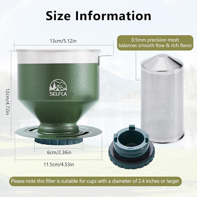 Stainless Steel Pour Over Coffee Filter, Reusable Dripper for Insulated Mugs, Paperless Coffee Maker for Hiking, Camping & Outdoor Adventures, Rinse-clean & Portable - Green