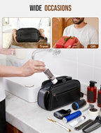 PU Leather Toiletry Bag for Men - Water Resistant Travel Bag for Toiletries, Bathroom Essentials, Accessories - Black