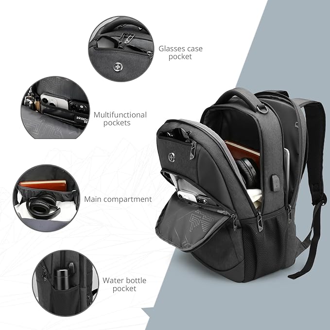 Swissdigital Design Business Laptop Backpack, College Laptops Backpack with USB Charging Port for Men and Women Fits 16 Inch Notebook, Grey-Finder Color Random | SD1670BT013-02
