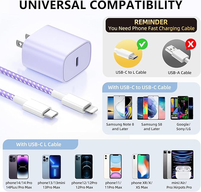 Phone Charger Fast Charging, 4 Pack 20W USB C Wall Charger Block with 6FT Charging Cable Type C Fast Charge Block Compatible with Phone 14/14 Pro Max/13/13 Pro/12/12 Pro/11/11 Pro/XS, Pad and More