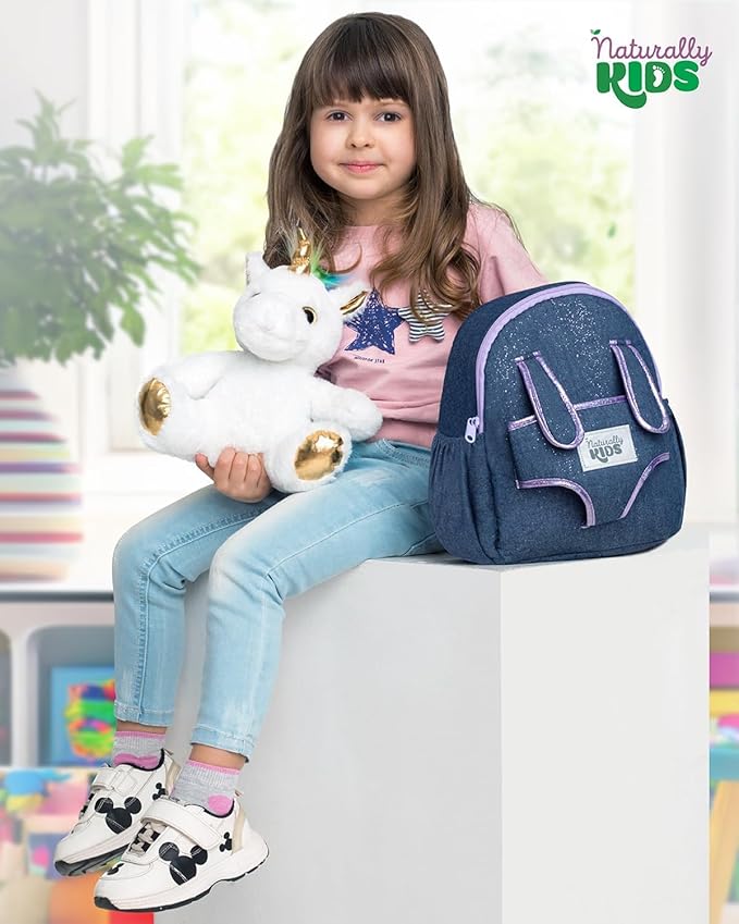 Naturally KIDS 【Upgraded】 Toddler Backpack w Removable Unicorn Toy for Girls Age 2-6 | Side & Inner Pockets, Reflective Logo, Name Tag, Sparkly Denim | Cute Christmas Gifts