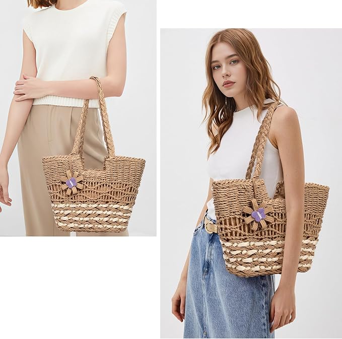 Trifabricy Beach Bags for Women, Summer Straw Bag, Woven Straw Beach Tote Bag Shoulder Handbags