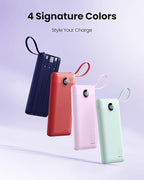 Portable Charger with Built-in Cable, 10000mAh Slim USB C Power Bank, External Battery Pack 5 Outputs 2 Inputs LED Display Compatible with iPhone/Android & More (Lavender)