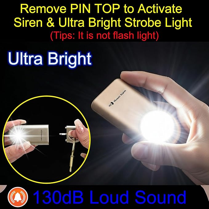 130dB Personal Safety Alarm Ultra Bright Strobe Light. Loud Sound Keychain Siren for Women, School Children, Night Runners, Hiking. Bear Alarm Deterrent. SOS Emergency Self Defense Alerts. Gold