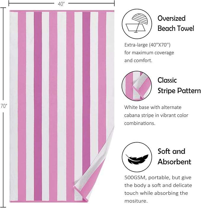 Bornbay Large Beach Towel Oversized - 40"X70" Big Cute Beach Towels, Extra Large Thick Pink Stripe Towels, XL Wide Fluffy Swimming Towel Oversize, Giant Mauve Stripe Cotton Pool Towel for Adults