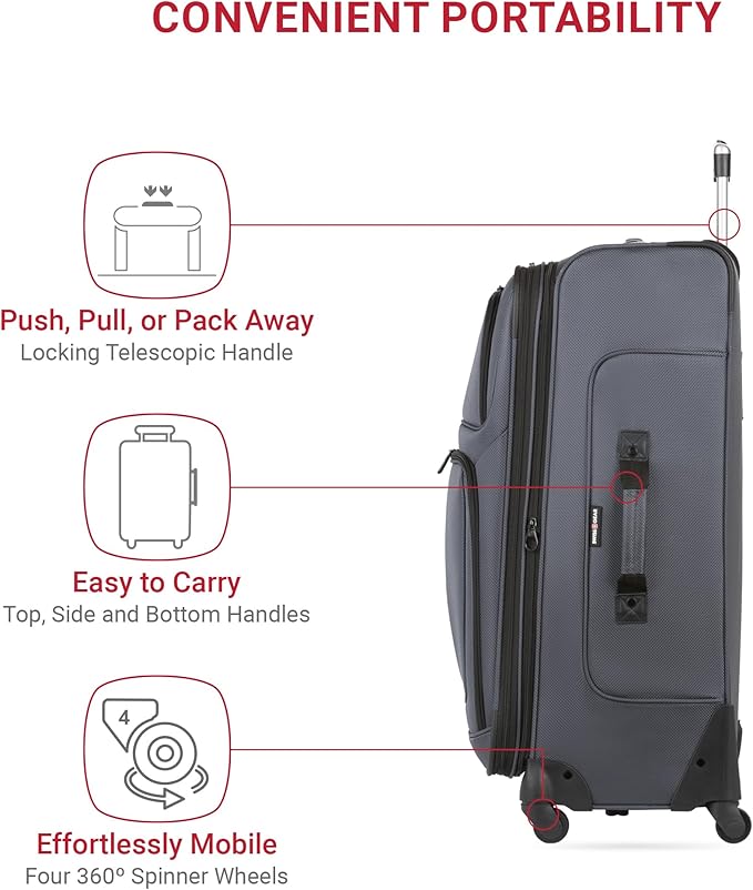SWISSGEAR Sion Softside Expandable Spinner Luggage Durable Lightweight Travel Suitcase, Dark Grey, 3-Piece Set (21/25/29)
