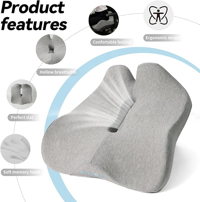 18x16 Inch Gray Memory Foam Seat Cushion for Office Chair, Car Seat, Airplane, Bleacher - Sciatica & Hip & Coccyx Pain Relief Desk Chairs Cushions for Long Sitting Peoples