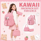 PIG PIG GIRL Corduroy Backpack 3PCS Kids Backpack for Girls School Bags for Middle School Students Book Bag for Elementary Primary Kawaii Ita Backpack with Lunch Box Pencil Case Set, Pink Strawberry