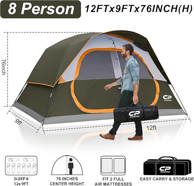 CAMPROS CP Upgraded 6/8 Person Camping Tents, Waterproof Windproof Family Tent with Larger Mesh Windows & Door, Double Layer, Easy Set Up, All-Season Dome Tent with Top Rainfly & Carry Bag