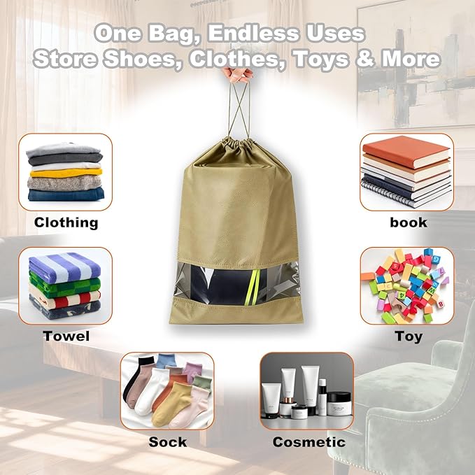 20 Pack Shoe Bags for Travel, 17" x 12.6" Drawstring Shoe Organizers with Clear Window, Breathable Non-Woven Dustproof Pouches for Luggage & Closet (khaki)