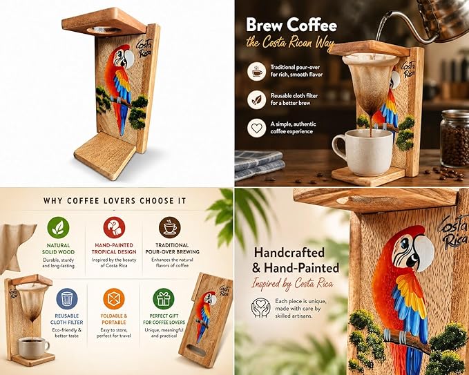 Tapanti store.Chorreador,Costa Rican handcrafted foldable wooden pour-over coffee maker.Includes a reusable cloth filter.Hand painted Macaw wooden design.Light Cedar.Perfect for travel (Red)