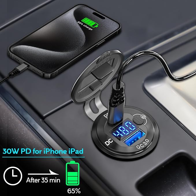 High Voltage USB Outlet 12V 24V 36V 48V 60V Aluminum Car Charger Socket, PD 30W USB C and QC 36W Car USB Port Waterproof Cigarette Lighter Power Adapter DIY Kit with Button Switch for Ship Truck, etc.
