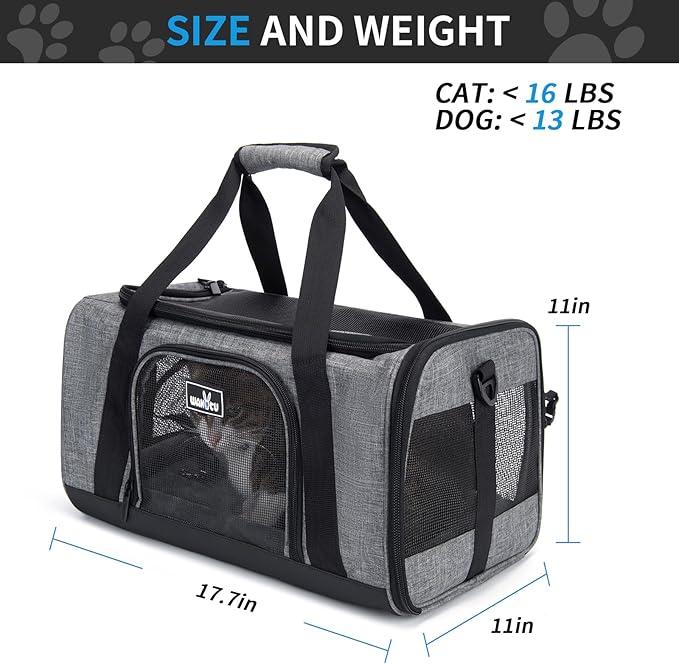 Wakytu Pet Carrier for Small Cats Dogs, Dog Carrier Travel Bag with Adequate Ventilation, 5 Mesh Windows, 3 Entrance, Locking Safety Zippers, Padded Shoulder and Carrying Strap, Medium