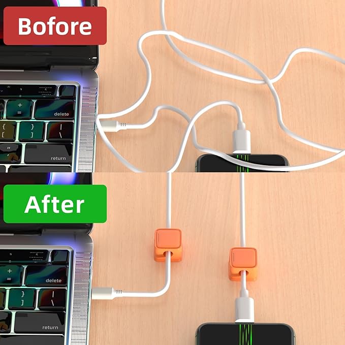 Costop 8 Pack Magnetic Cord Organizer, Easy Secure Adhesive Cable Management, Wire Holder Keeper, Hide Or Organize Phone USB Charger Cable, Orange