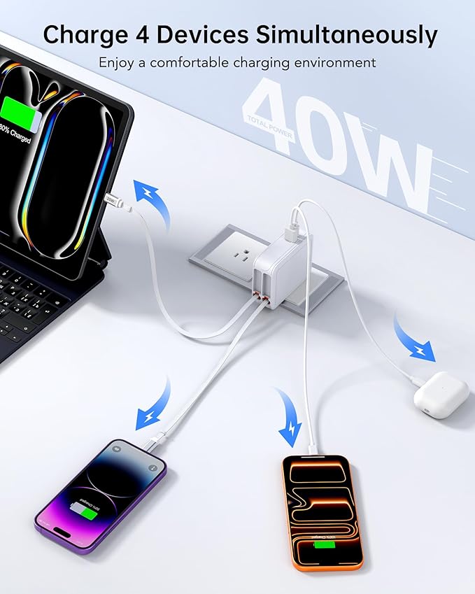 Retractable USB Charger Wall Plug with Type C Cables Cords,40W Fast Charging Foldable Block Multi Charger,4-in-1 Travel Essentials Brick Multiport for iPhone 17/16/15/14/13/12,iPad,Galaxy,LG,Pixel