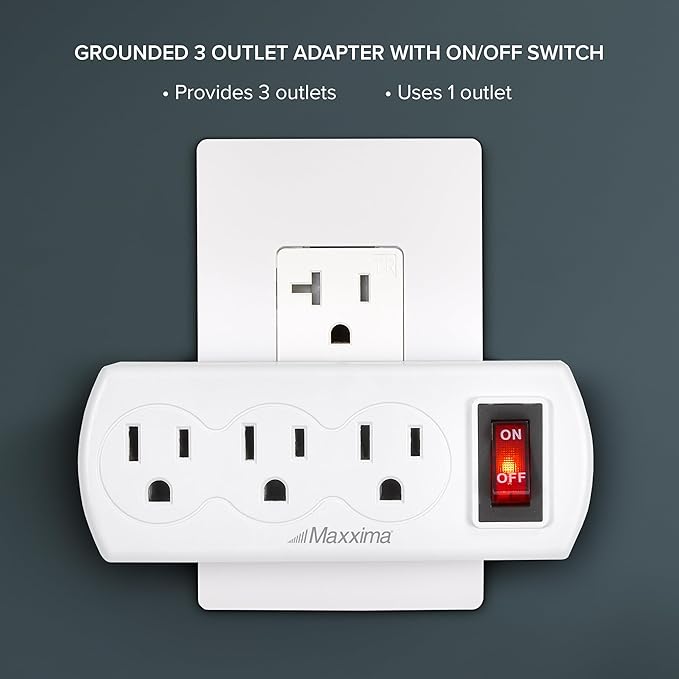 Maxxima 3 Outlet Grounded Wall Plug Adapter with On/Off Switch, Electrical Wall Tap Outlet Splitter, Multi-Plug Extender for Extra Outlet Space, Convenient for Travel - 4 Pack