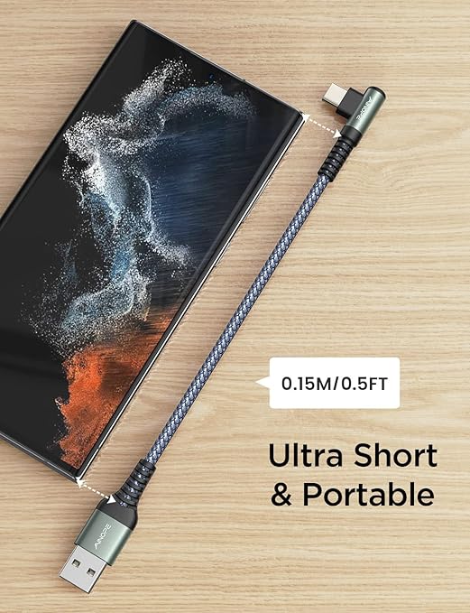 AINOPE 2-Pack 0.5ft USB C Cable, 3.1A Fast Charging, Right Angle, Durable Nylon Braided, Compatible with Galaxy S22 S21 Plus S20, Note 10 9 LG, Type C Charger